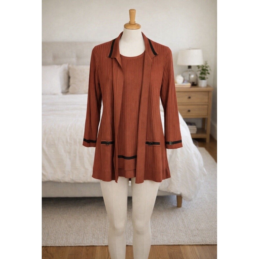 Misook 2 Pc Dark Red Long Sleeve Open Front Knit Cardigan Sweater Tank Set XSP
